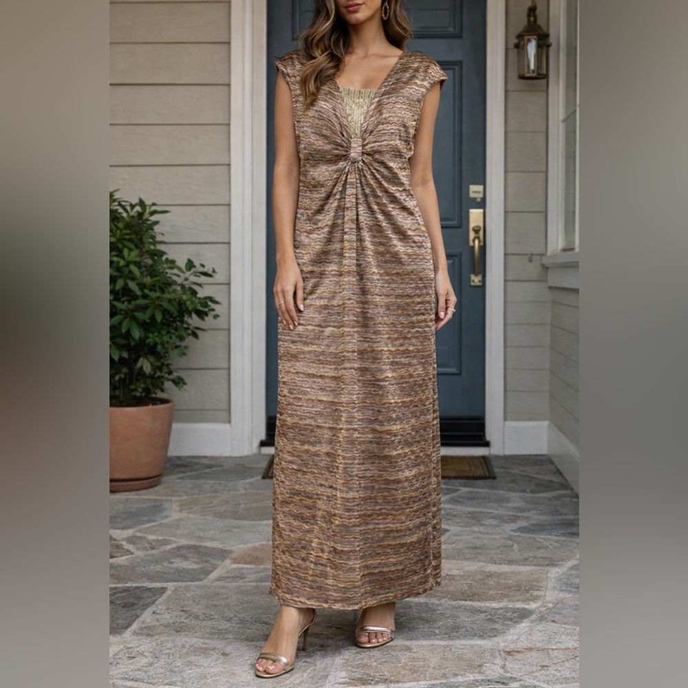 Rebecca Moses Women’s Metallic Knit Maxi Dress Gold Brown Beaded Size Large